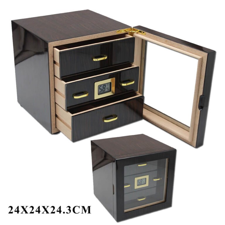 Cigar Humidor Dark Brown With 3 Drawers & Digital Hygrometer