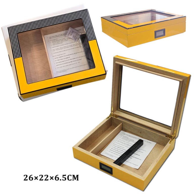 Cigar Humidor Yellow With Glass & Digital Hygrometer