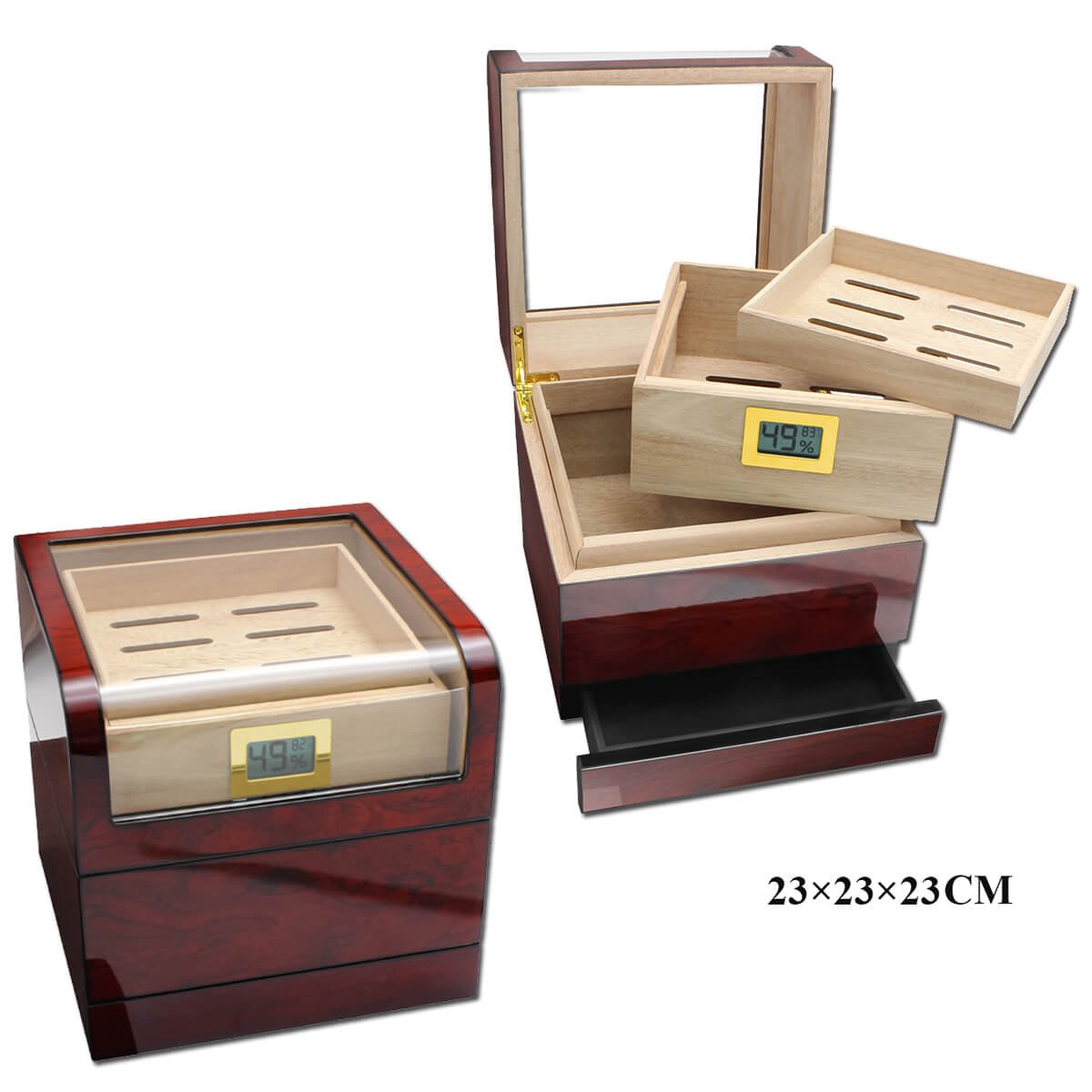 Cigar Humidor Brown With Glass, 3 Shelves & Digital Hygrometer
