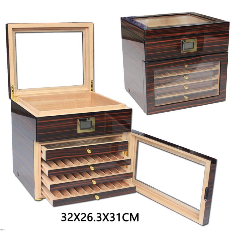 Cigar Humidor Brown With Glass, Drawers, Digital Hygrometer & Led