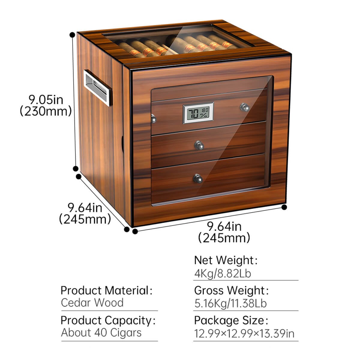 Cigar Humidor Brown With Glass, 4 Drawers & Digital Hygrometer