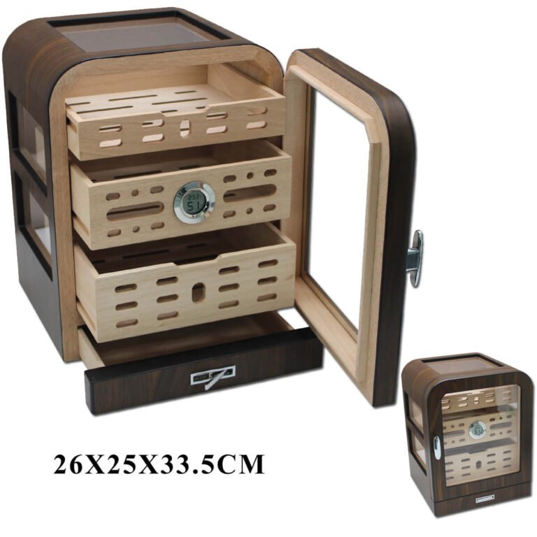 Cigar Humidor Brown With Glass, 3 Drawers & Digital Hygrometer