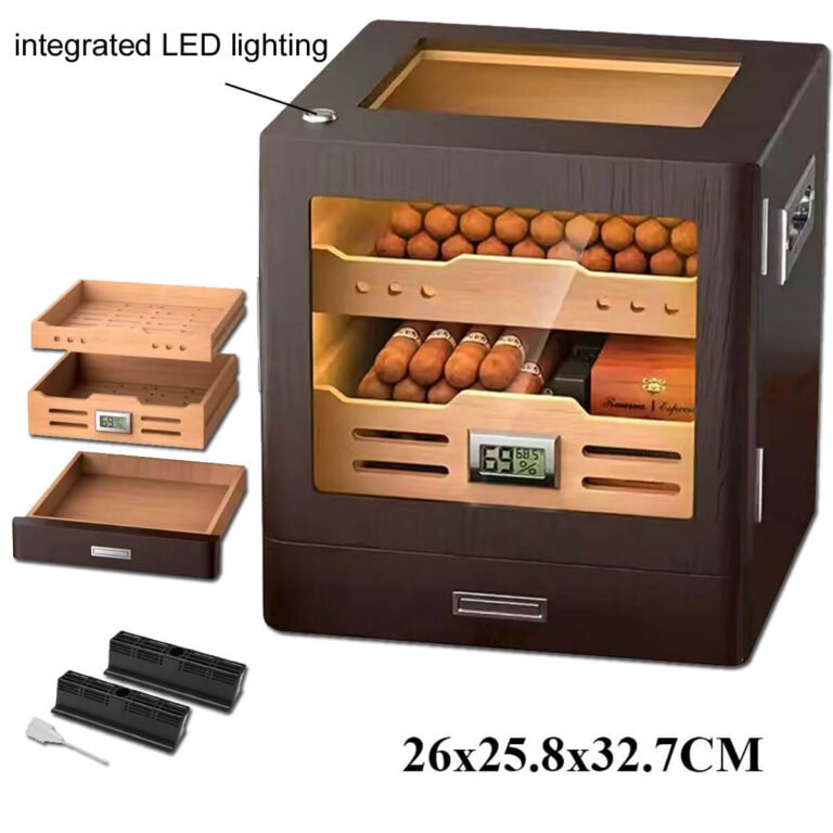 Cigar Humidor Black With Glass, 2 Drawers, Led & Digital Hygrometer