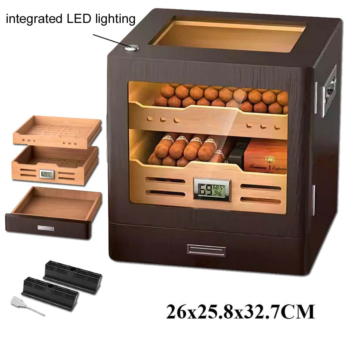Cigar Humidor Black With Glass, 2 Drawers, Led & Digital Hygrometer