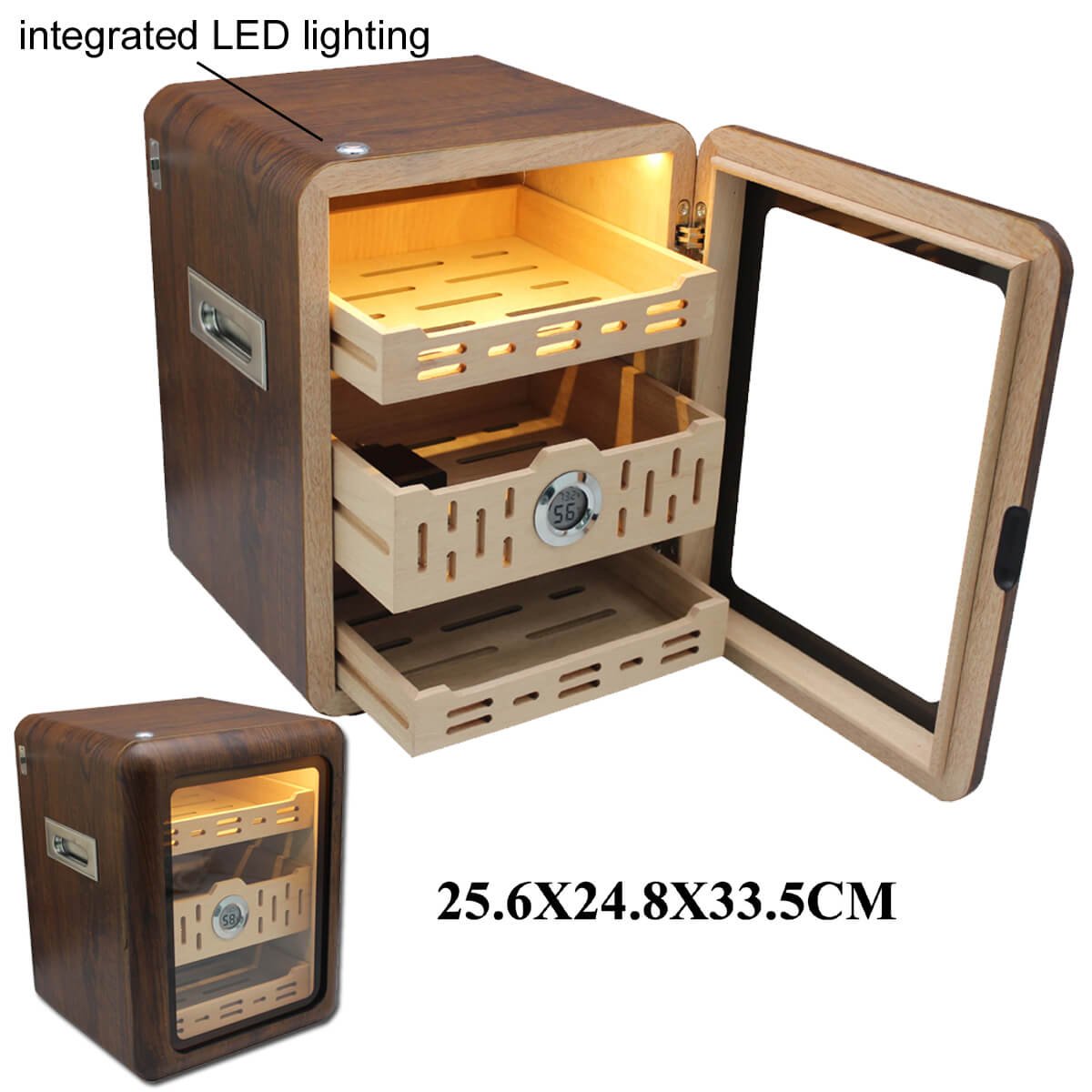 Cigar Humidor Brown With Glass, 3 Drawers, Led & Digital Hygrometer