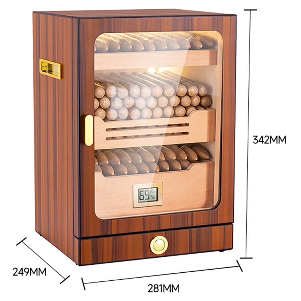 Cigar Humidor Brown With Glass, 3 Drawers, Led & Digital Hygrometer