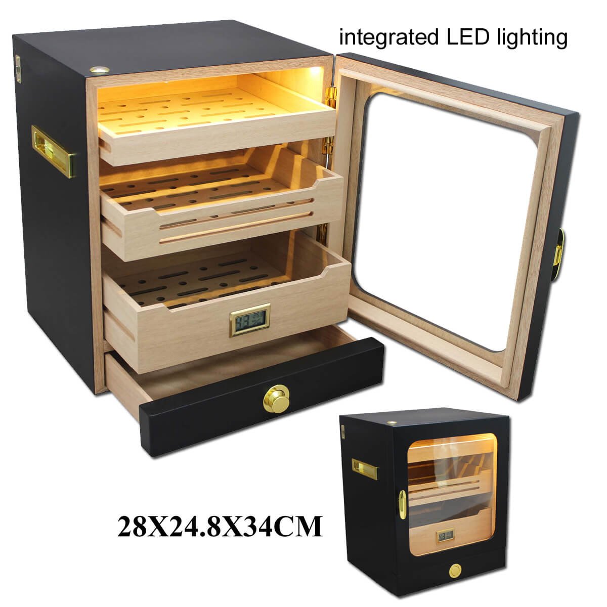 Cigar Humidor Black With Glass, 3 Drawers, Led & Digital Hygrometer
