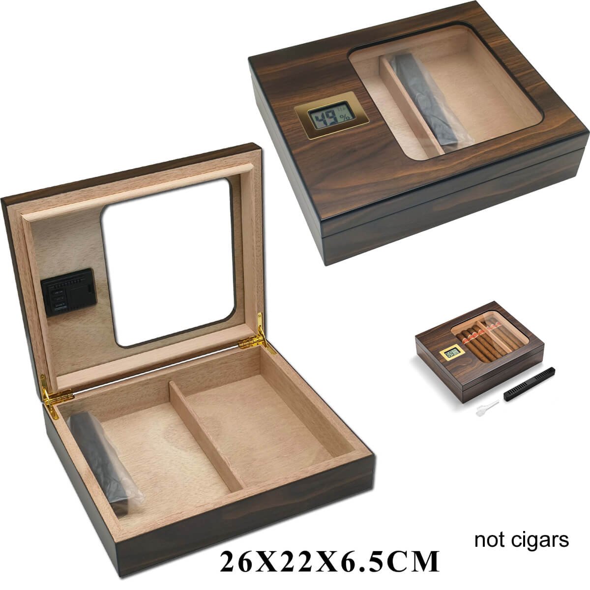 Cigar Humidor Brown With Glass & Digital Hygrometer