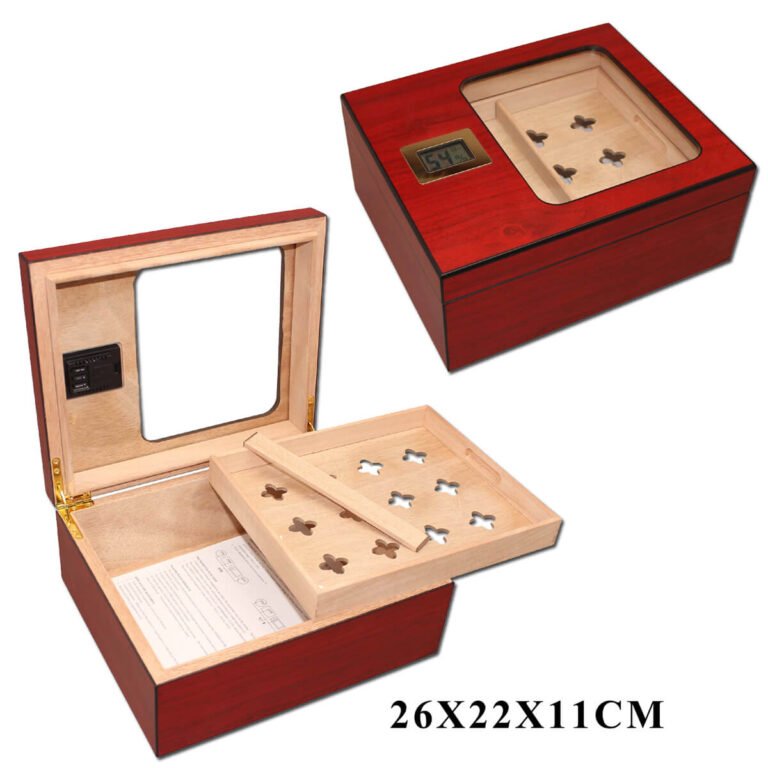 Cigar Humidor Cherry With Glass, 1 Drawer & Digital Hygrometer