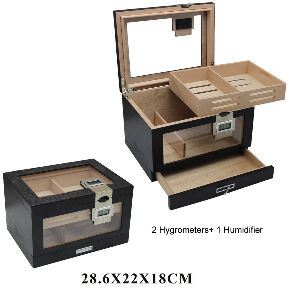 Cigar Humidor Black With Glass, 1 Drawer & 2 Digital