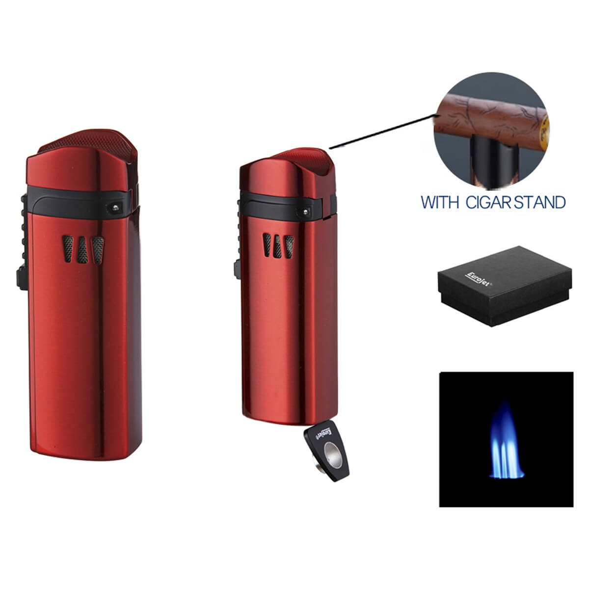 Eurojet Lighter 3xJet RED with cigar punch, cigar rack