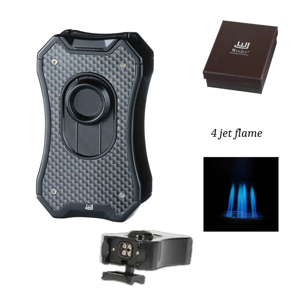 Winjet lighter 4xJet Black Carbon with Cigar Rack
