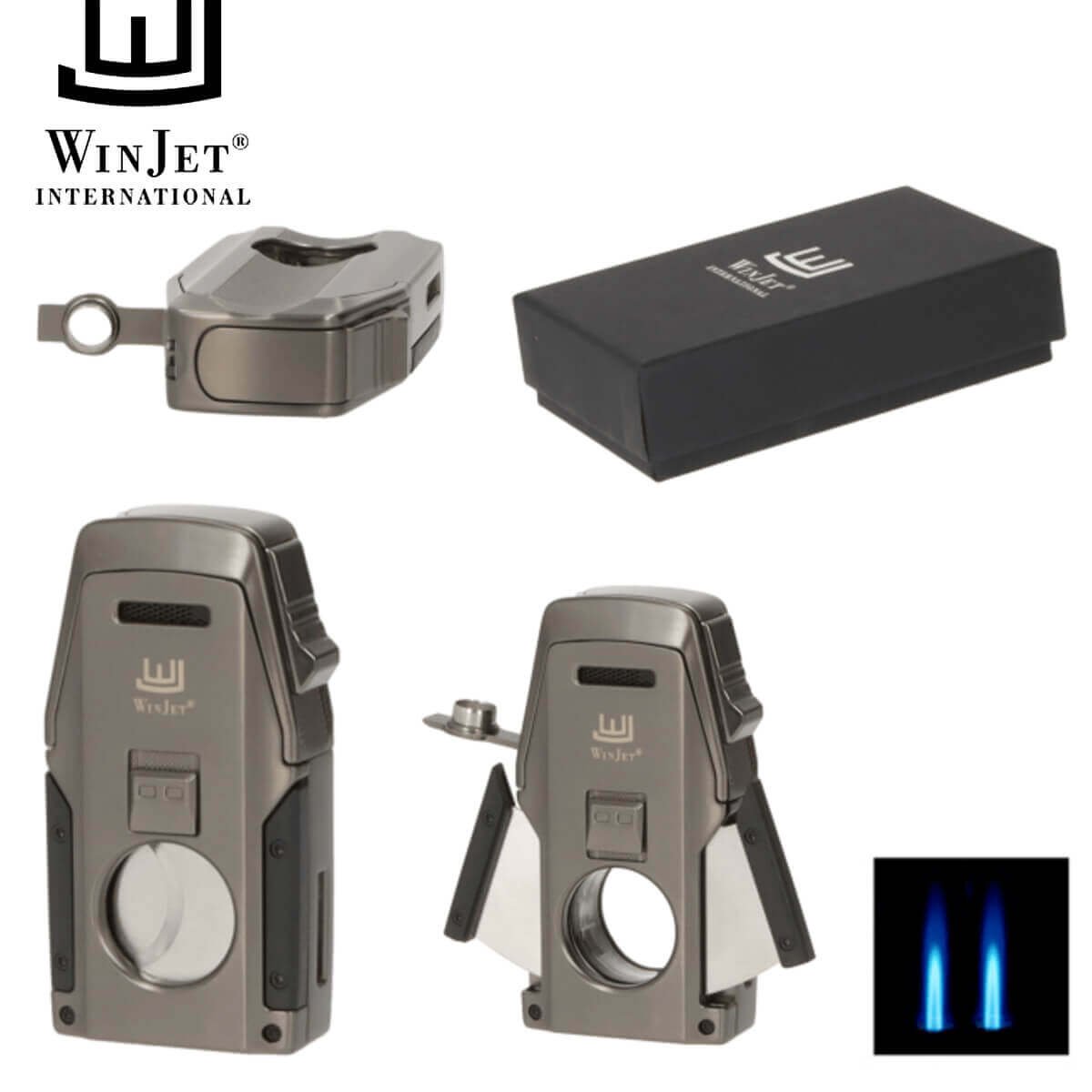 Winjet Cigar Lighter 2xJet Grey With Cigar Rack,Guillotine & Punch