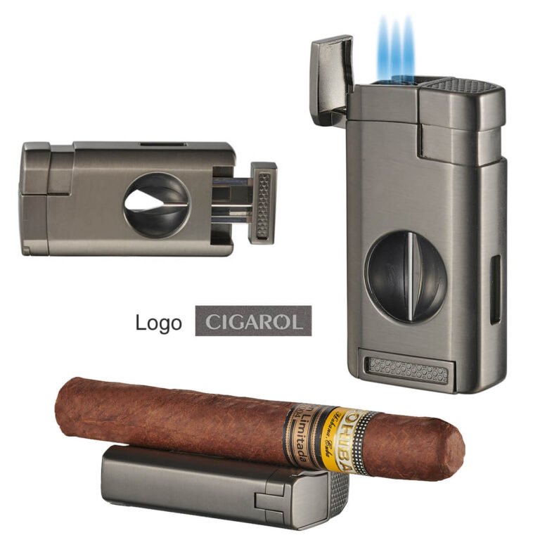 Triple jet flame Gun Metal Cigar Lighter with V-Cut cutter
