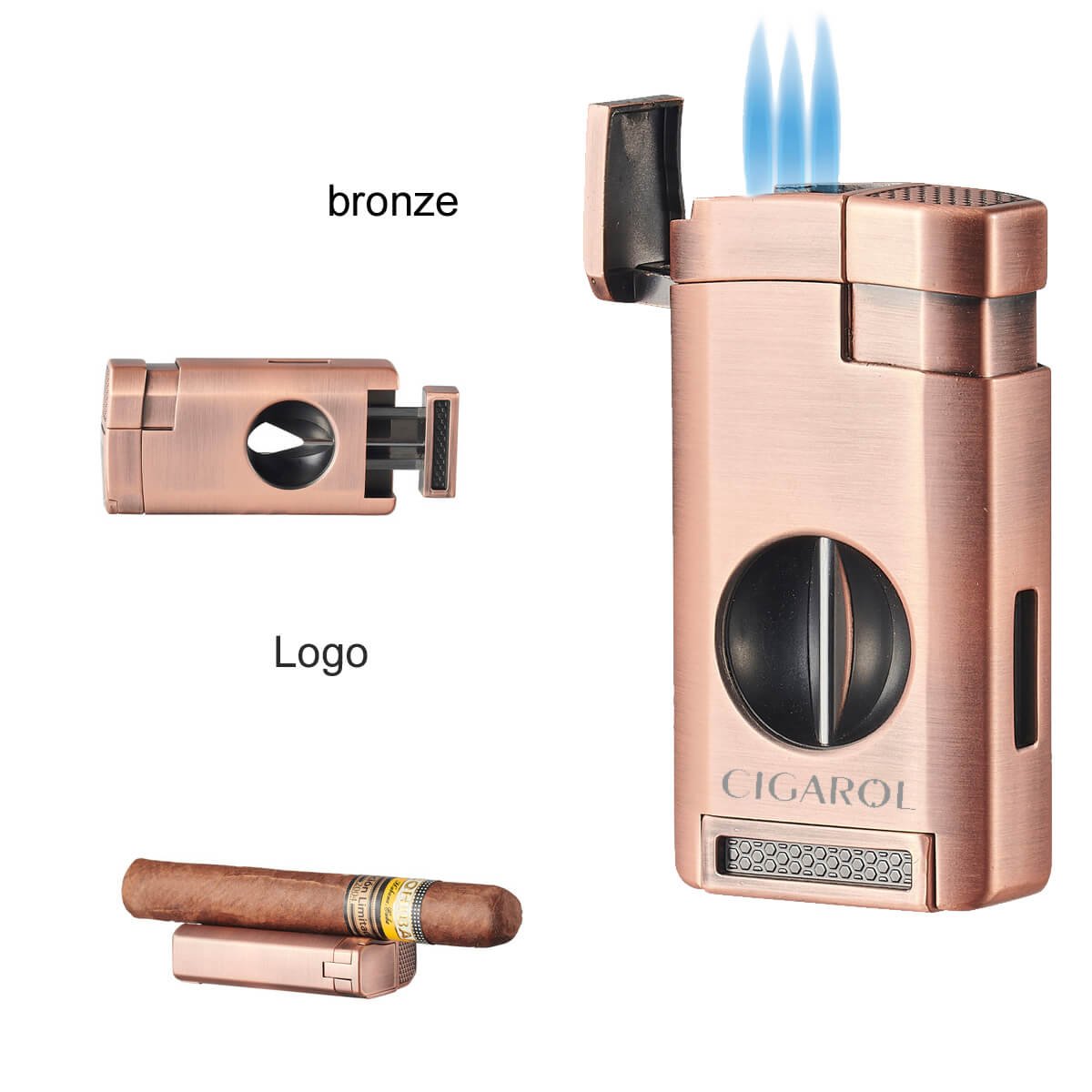 Triple jet flame Pink Gold Cigar Lighter with V-Cut cutter