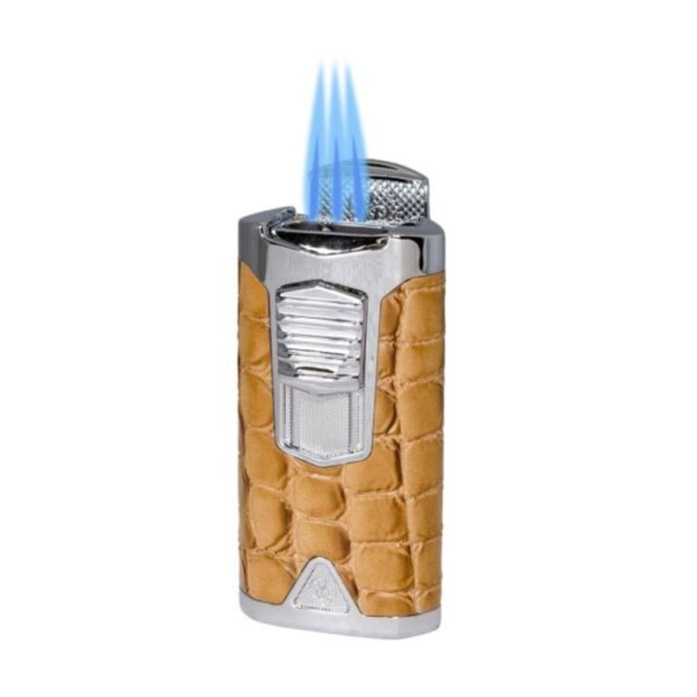 Rocky Patel Statesman Cigar Lighter 3xJet Brush Nickel-Camel Leather & Punch