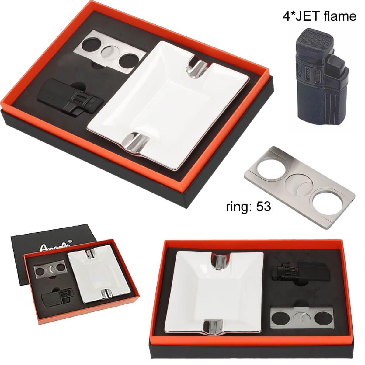 Angelo Set Cigar Ashtray, 4xJet Lighter With Punch & Metal Cutter